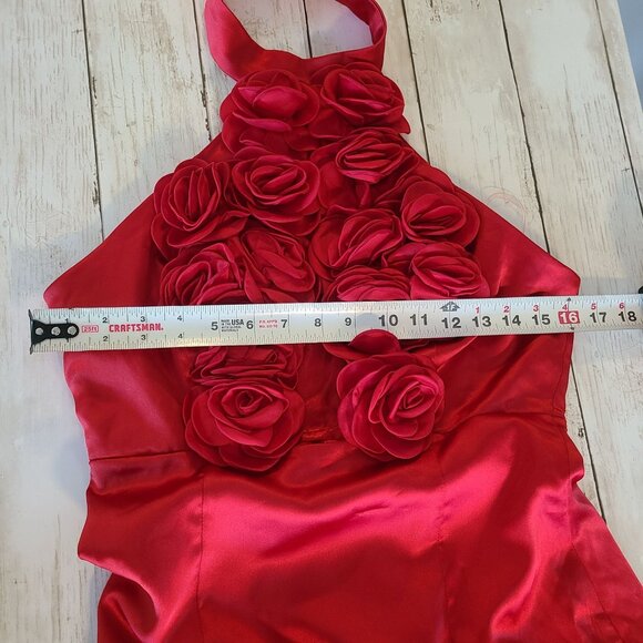 Red Satin Mermaid Rosette Halter Maxi Dress w/ Train Glam Party Dance NEW Medium - Picture 7 of 11